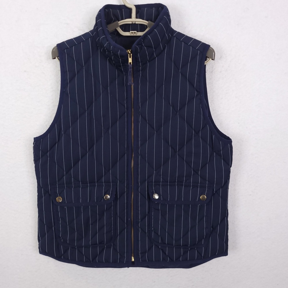 J.Crew Quilted Pinstripe Down Vest Womens M Navy Blue Gold Zip Puffer Layering